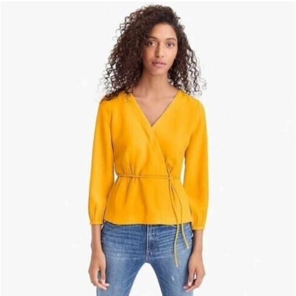 J. Crew Drapey Crepe Faux Wrap Blouse Rich Yellow Golden Women Size 12 - Picture 2 of 13